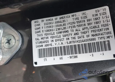 2010 Acura Rdx z USA, uszkodzony, nr VIN 5J8TB1H22AA005880